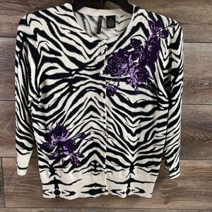 Nue Options Button Up Sweater Cardigan, Ladies Petite Small, Zebra Print
